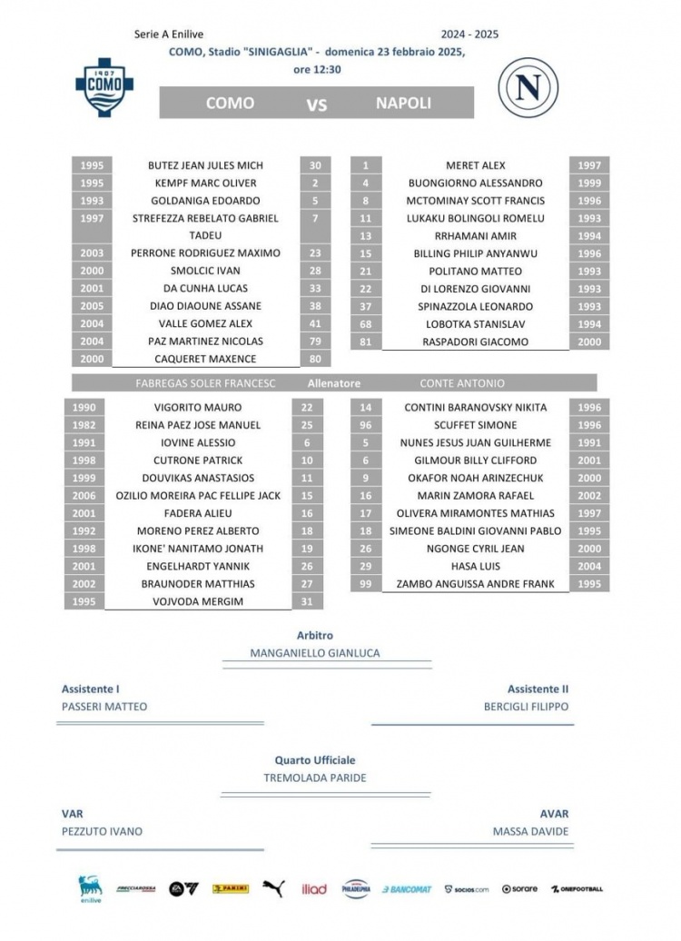 科莫vs那不勒斯首发：卢卡库、麦克托米奈先发，尼科-帕斯出战